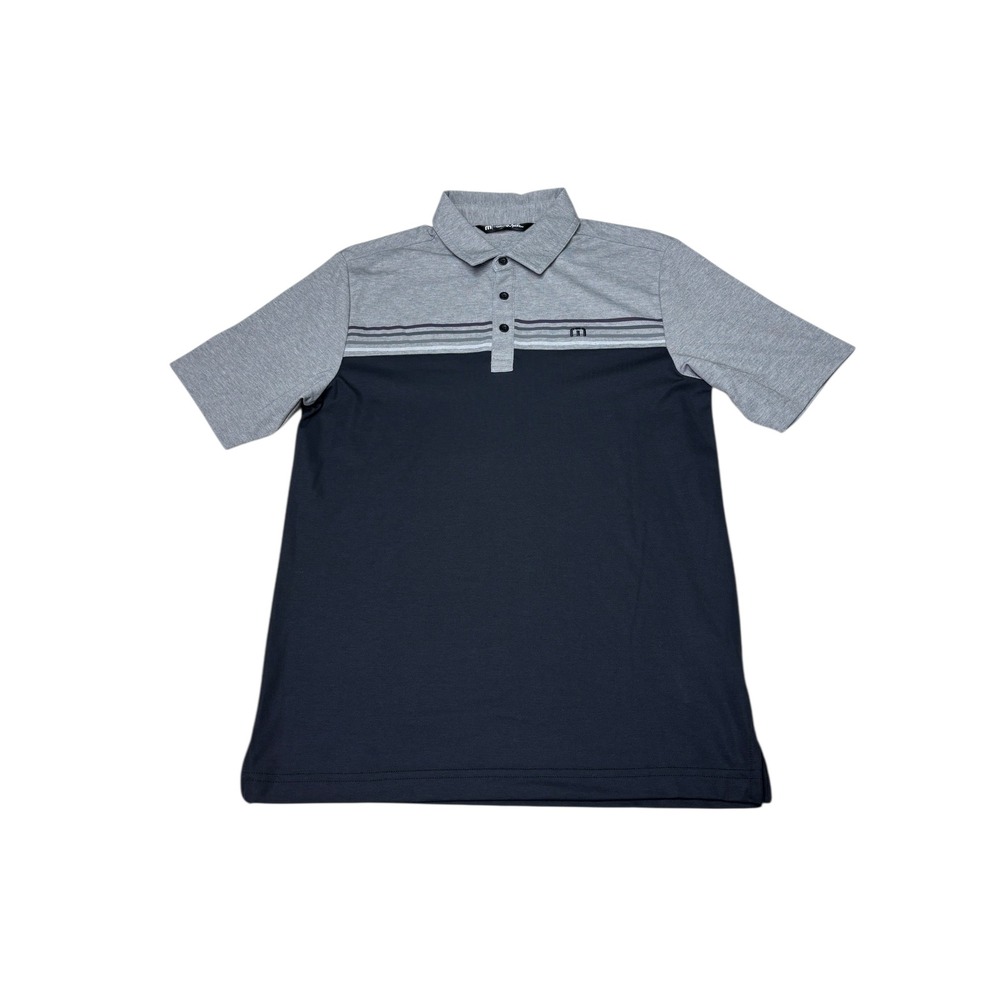 TravisMathew Mens‎ Polo Shirt Size S Gray Navy Stripe Short Sleeve Pima Cotton